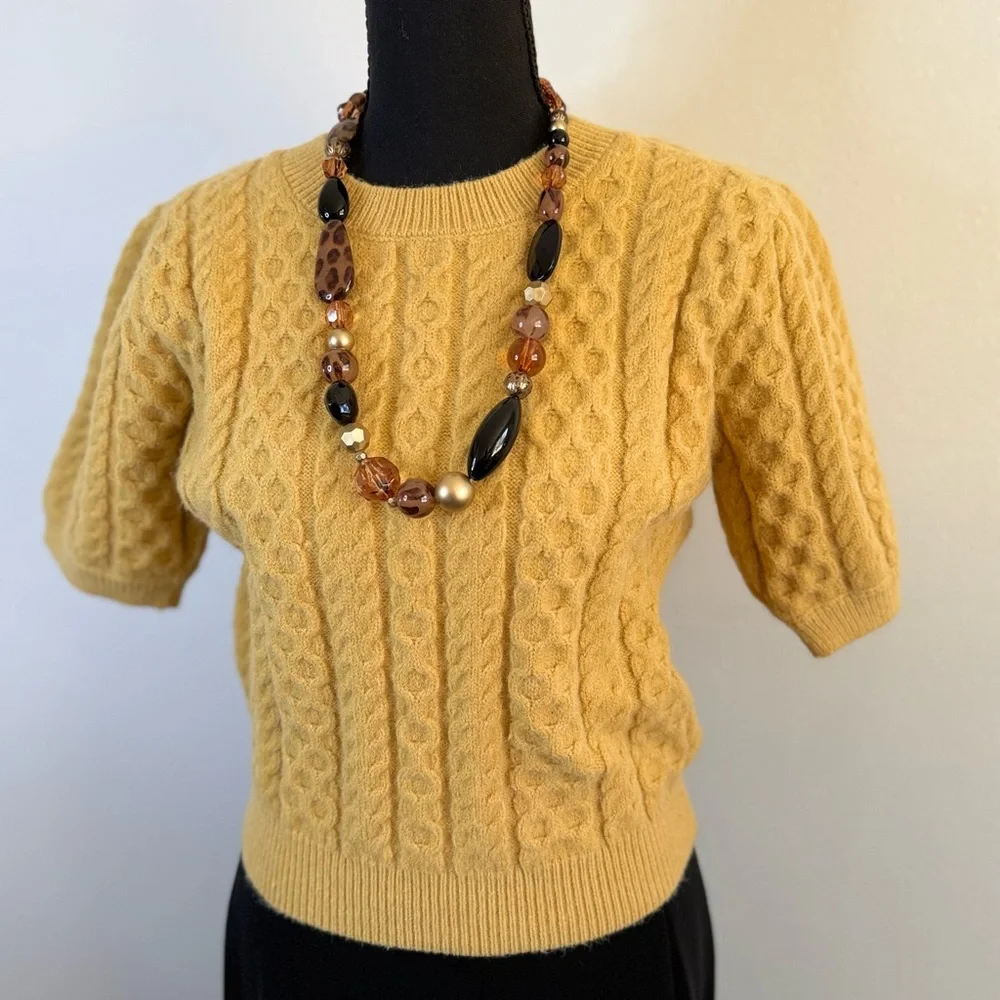 Mable Mustard Cable Knit Sweater Short Sleeve Cozy Cottagecore Medium - Picture 4 of 14